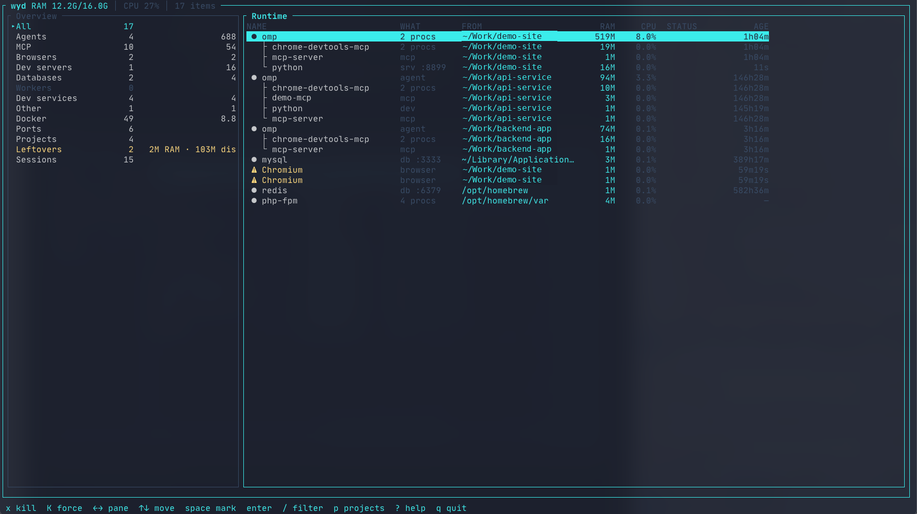 The wyd TUI: an overview panel counting agents, MCP servers, browsers, dev servers, databases, workers, Docker resources, ports, projects, leftovers and sessions, next to a runtime tree grouping each agent with its MCP servers, dev servers and databases by project.